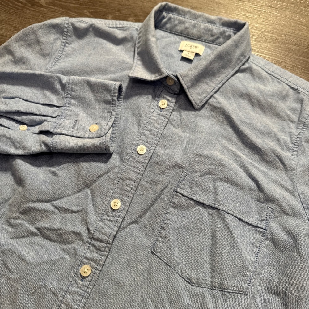 J Crew Shirt Women Large Blue 100% Cotton Button Up Pocket Oxford Classic Preppy